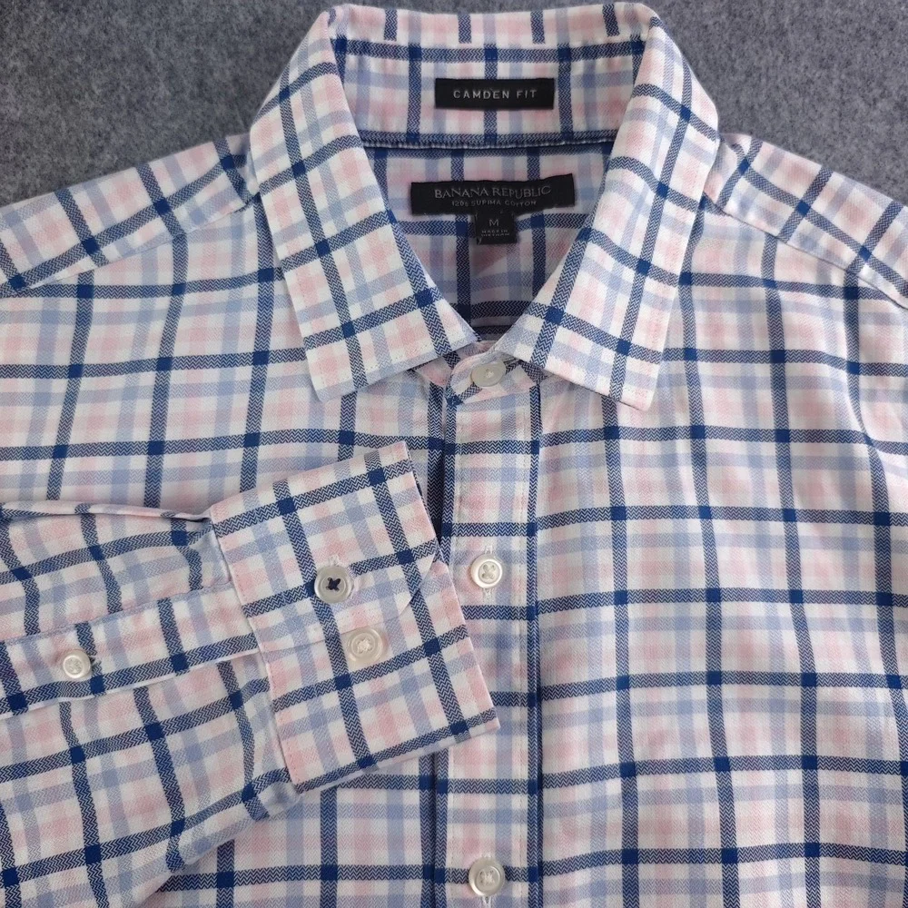 Banana Republic Shirt Mens Medium Camden Fit Pink Blue Plaid Long Sleeve Button